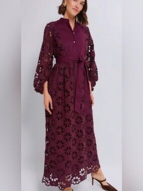 Tuckernuck Plum Eyelet Lace Maxi Dress with Waist Tie